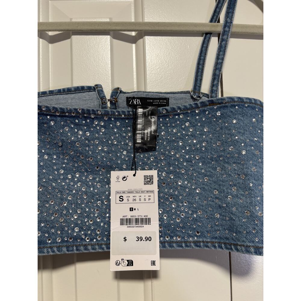 Zara Blue Denim Crystal Studded Crop Top S - Picture 7 of 8
